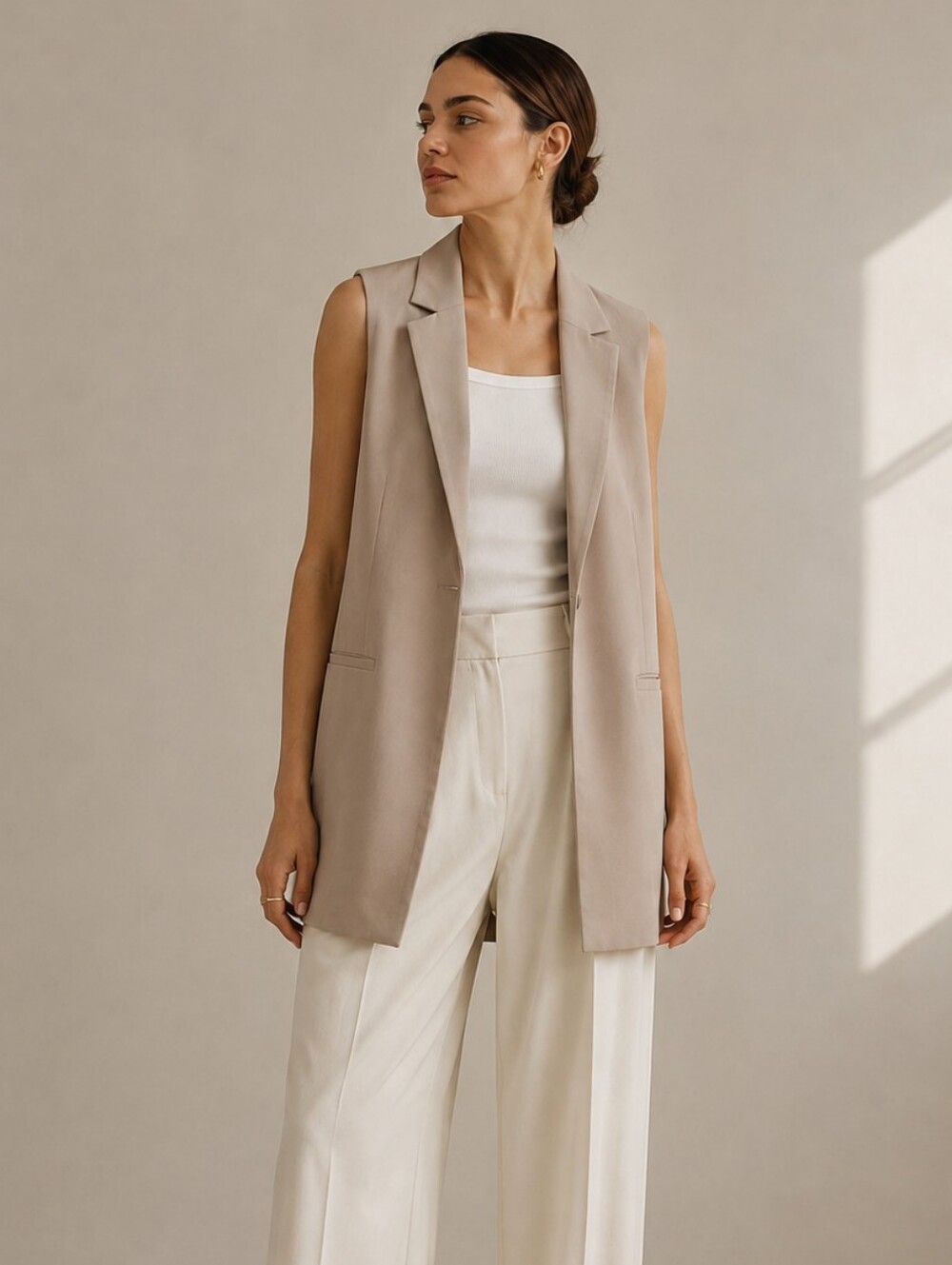 Maison d'Amélie Beige longline sleeveless blazer vest Open Front Quiet Luxury